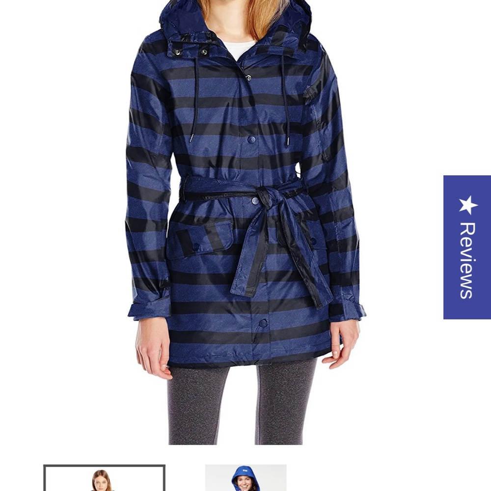 Helly Hansen Hooded Belted Rain Jacket Coat Blue Black Striped Waterproof Medium